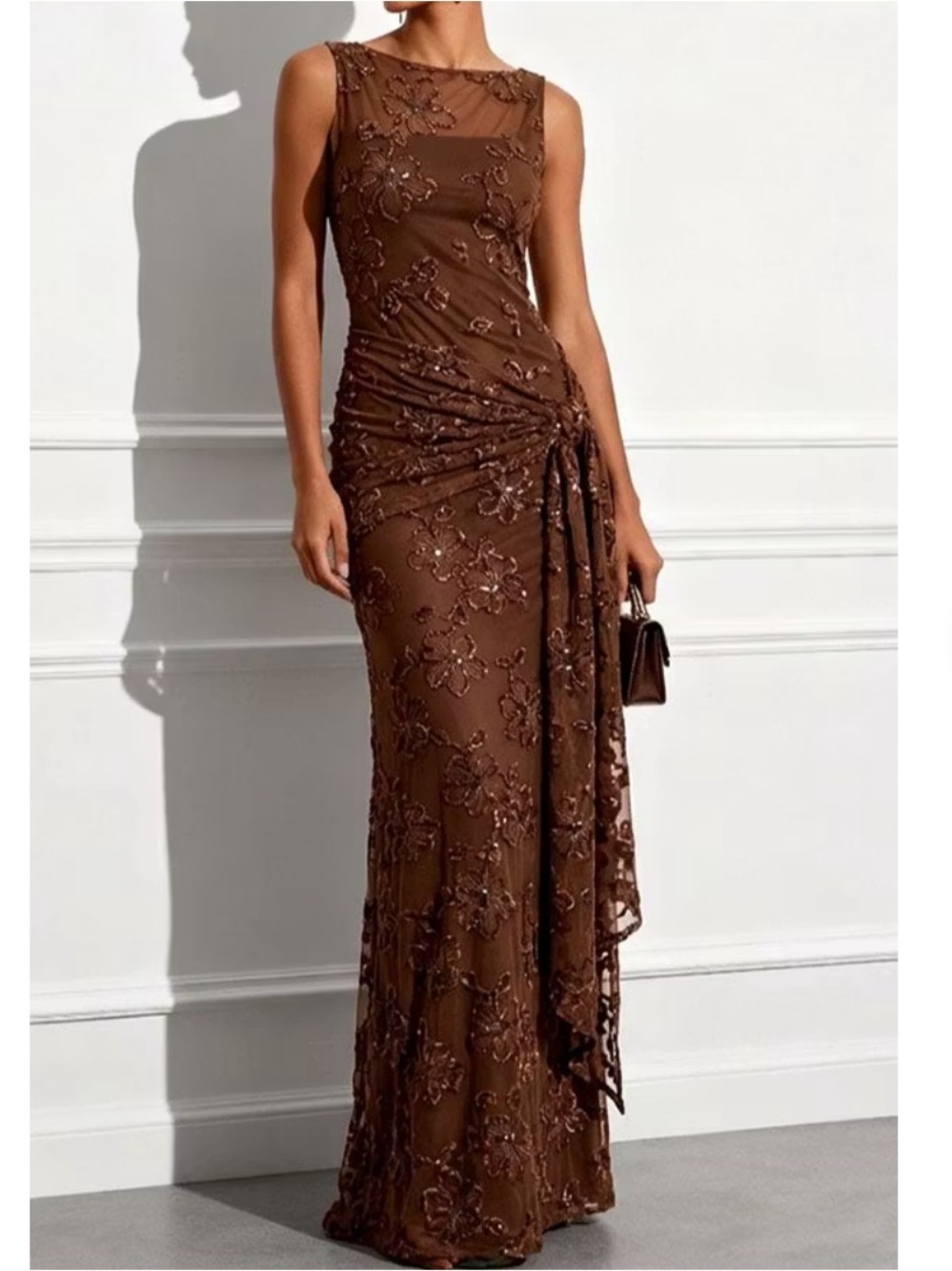 Solana Brown Sequin Floral Jacquard Boat Neck Floor Length Evening Dress